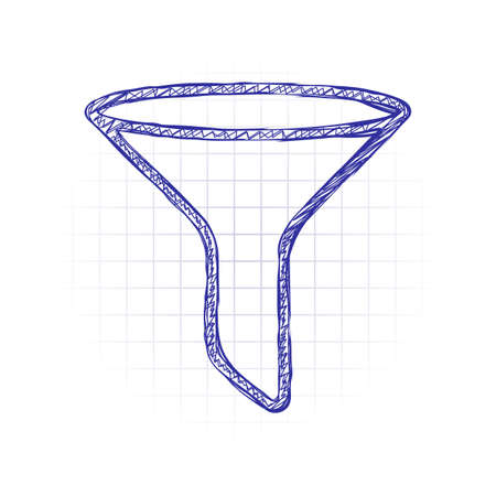 funnel or filter, linear outline icon. Hand drawn sketched picture with scribble fill. Blue ink. Doodle on white backgroundのイラスト素材