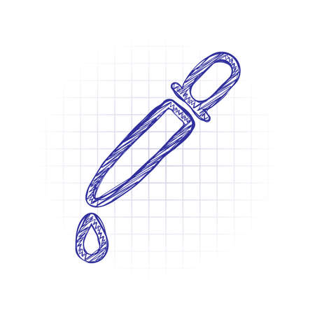 Pipette or dropper and drop, medical instrument, linear outline icon. Hand drawn sketched picture with scribble fill. Blue ink. Doodle on white backgroundのイラスト素材