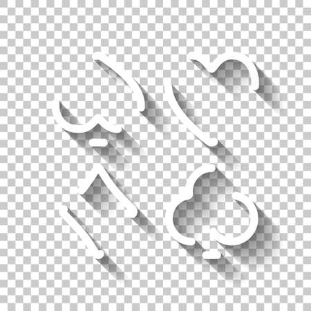 Playing cards. Hearts, spades, diamonds, clubs. Linear style. White icon with shadow on transparent backgroundのイラスト素材