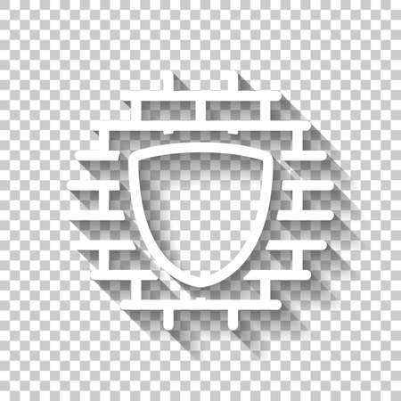 Shield and wall, building protection, outline design. White icon with shadow on transparent backgroundのイラスト素材