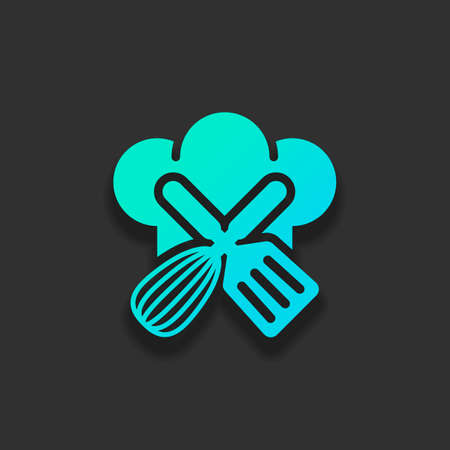 Chef hat and tools. Kitchen logo, simple icon. Colorful logo concept with soft shadow on dark background. Icon color of azure oceanのイラスト素材