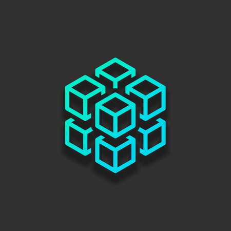 3d cube with eight blocks. Icon or ice pieces. Colorful logo concept with soft shadow on dark background. Icon color of azure oceanのイラスト素材