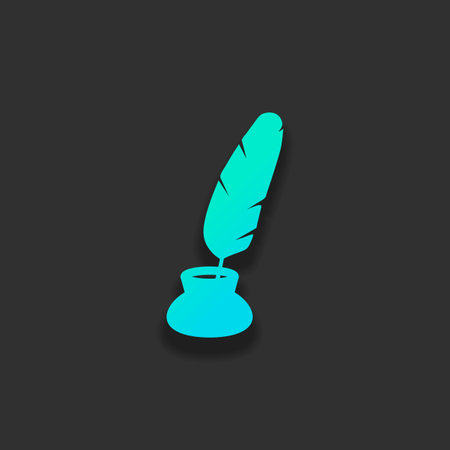 Ink and feather, sign of author. Simple icon. Colorful logo concept with soft shadow on dark background. Icon color of azure oceanのイラスト素材