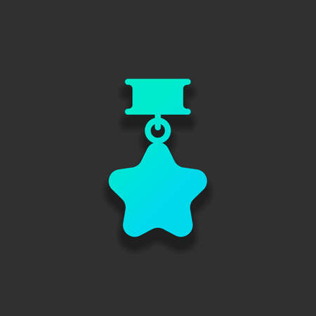 Award with star, medal and ribbon, icon of sport. Colorful logo concept with soft shadow on dark background. Icon color of azure oceanのイラスト素材