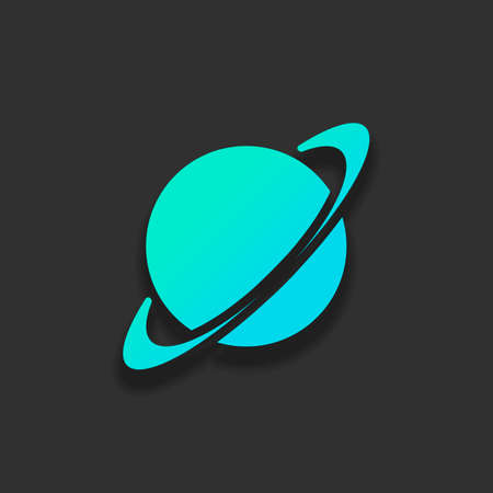 Planet with line of orbit, astronomy icon. Colorful logo concept with soft shadow on dark background. Icon color of azure oceanのイラスト素材