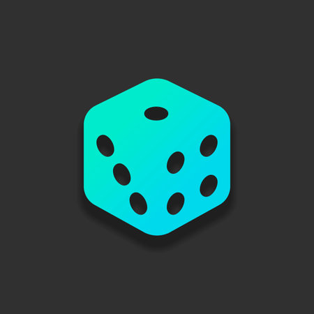 Dice cube, casino game. Colorful logo concept with soft shadow on dark background. Icon color of azure oceanのイラスト素材