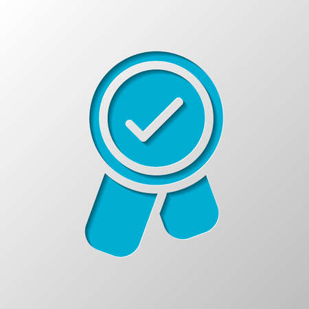Award with ribbon and check mark, icon. Paper design. Cutted symbol with shadowのイラスト素材