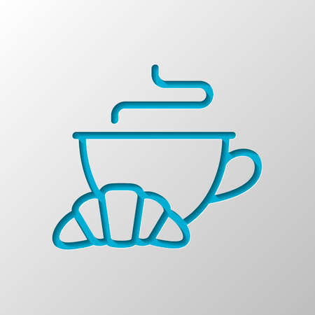 Cup of coffee or tea and croissant. Outline linear icon. Paper design. Cutted symbol with shadowのイラスト素材