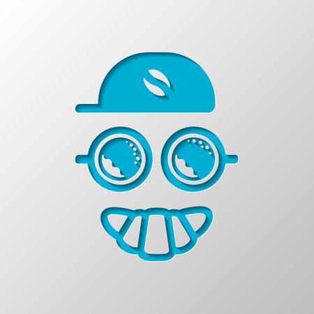 Coffee character, croissant smile, cap with grain, espresso logo, creative comic icon. Paper design....