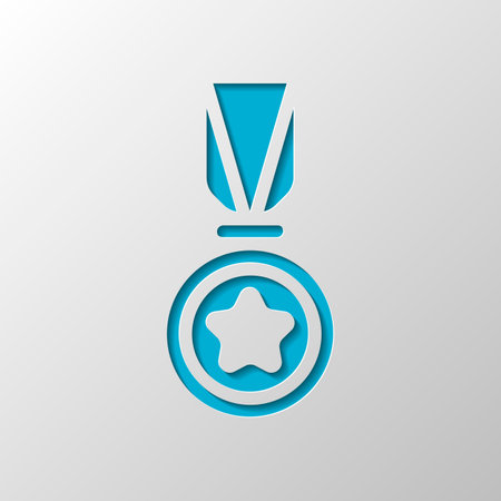 Award with star, medal and ribbon, icon of sport. Paper design. Cutted symbol with shadowのイラスト素材