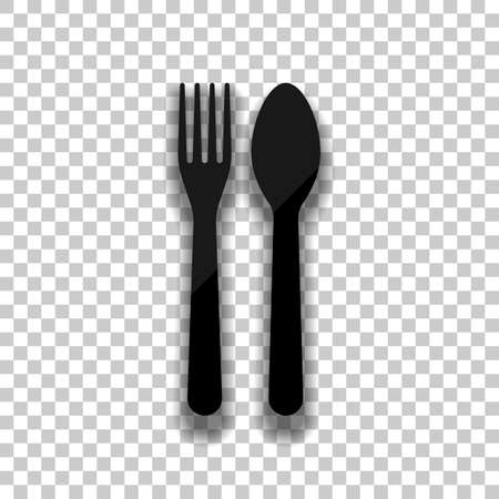 Fork and spoon, icon. Kitchen tools. Black glass icon with soft shadow on transparent backgroundのイラスト素材