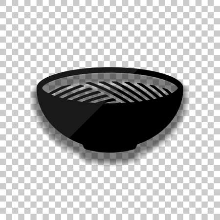 Bowl of noodles without chopsticks. Icon of asian or italian food. Black glass icon with soft shadow on transparent backgroundのイラスト素材