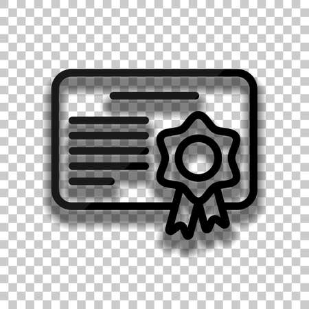 Document of certificate with award, linear outline icon. Black glass icon with soft shadow on transparent backgroundのイラスト素材
