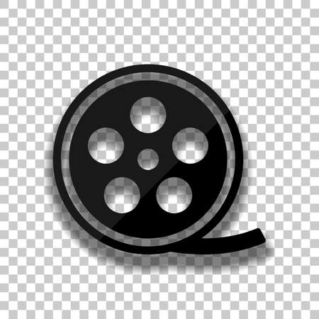 Film roll, old movie strip icon, cinema logo. Black glass icon with soft shadow on transparent backgroundのイラスト素材