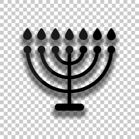 Hanukkah icon or menorah lamp. Outline Jewish Candles. Black glass icon with soft shadow on transparent backgroundのイラスト素材
