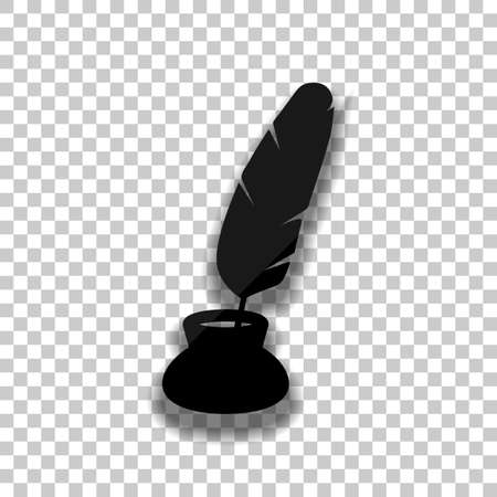 Ink and feather, sign of author. Simple icon. Black glass icon with soft shadow on transparent backgroundのイラスト素材