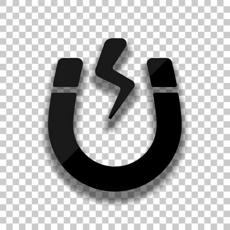 Magnet icon, sign of electromagnetic, silhouette of horseshoe, positive and negative energy. Black glass icon with soft shadow on transparent backgroundのイラスト素材