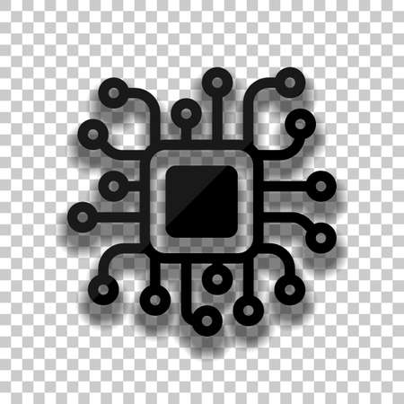Processor chip, computer microchip, cpu chipset. Technology icon. Black glass icon with soft shadow on transparent backgroundのイラスト素材