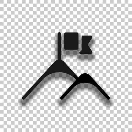Mountains and flag logo, simple icon. Black glass icon with soft shadow on transparent backgroundのイラスト素材