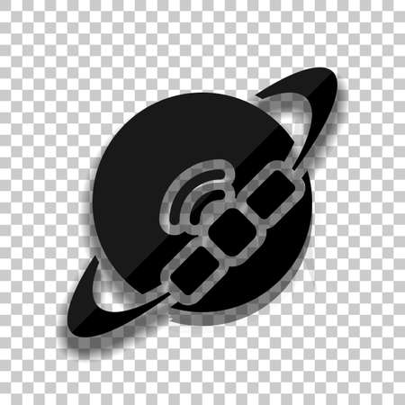 Planet and satellite, technology icon. Black glass icon with soft shadow on transparent backgroundのイラスト素材