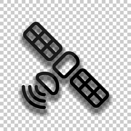 Satellite of gps or internet technology, outline linear icon. Black glass icon with soft shadow on transparent backgroundのイラスト素材