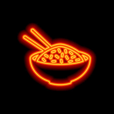 Bowl of rice with chopsticks. Icon of asian food. Orange neon style on black background. Light iconのイラスト素材