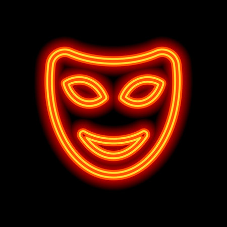 Smile mask of theatre, face with happy emotion, sign of comedy. Linear outline icon. Orange neon style on black background. Light iconのイラスト素材