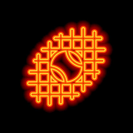 Tennis ball and grid, sport game, outline linear icon. Orange neon style on black background. Light iconのイラスト素材