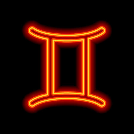Astrological sign. Gemini simple icon. Orange neon style on black background. Light iconのイラスト素材