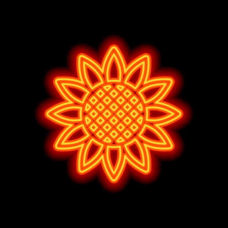 Sunflower, plant. Nature icon. Orange neon style on black background. Light iconのイラスト素材