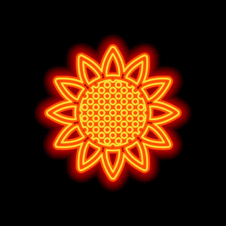 Sunflower, plant. Nature icon. Orange neon style on black background. Light iconのイラスト素材