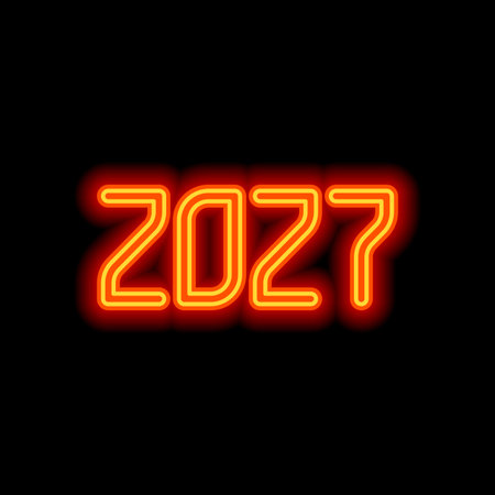 2027 number icon. Happy New Year. Orange neon style on black background. Light iconのイラスト素材
