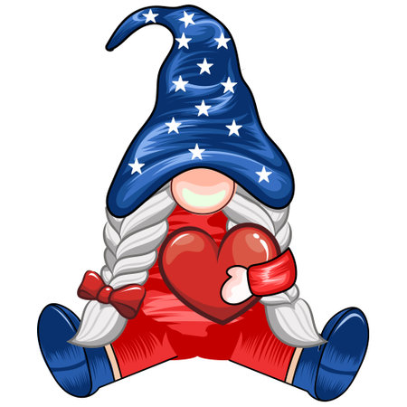 4th of July gnome with red heart. Vector illustration isolated on white background.のイラスト素材