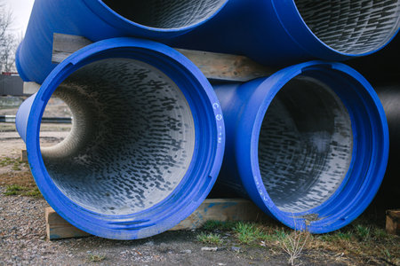 Blue plastic pipes for water supply on a construction site. Close-up.の写真素材