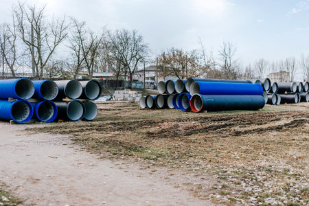 Plastic pipes of different colors lie on the ground in a construction site