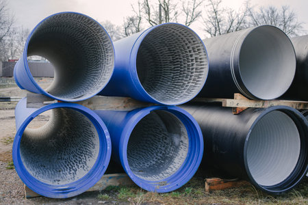 Blue plastic pipes for water supply in the yard of a private house