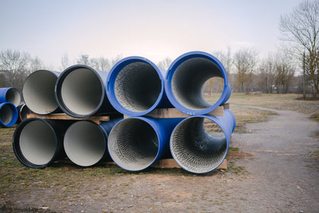 Blue plastic pipes on a construction site. The concept of environmental protection.の写真素材