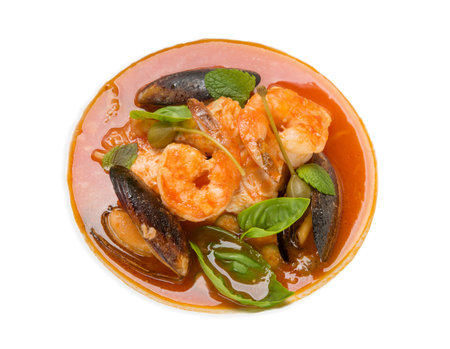 Asian soup with prawns on an isolated backgroundの写真素材
