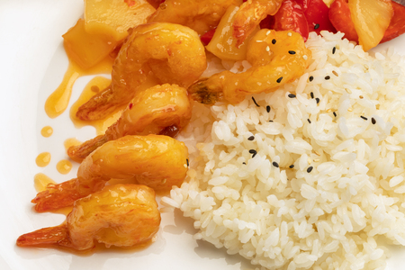 shrimp with rice on a white plate. restaurant menu. close-up of foodの写真素材