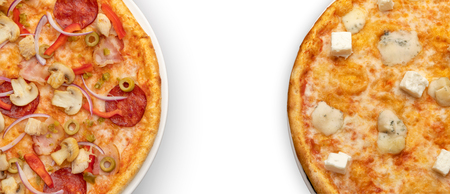 two pizzas on a white background. fragments of pizzas on the edges of the frame and with free space in the center. menuの写真素材