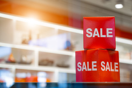 goods in stores and a red sign on sales discounts. mocap for text and concept of sales and trade in...