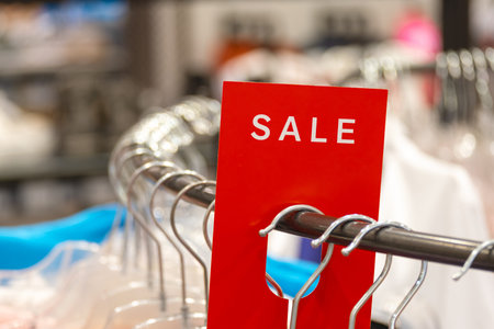 goods in stores and a red sign on sales discounts. mocap for text and concept of sales and trade in...