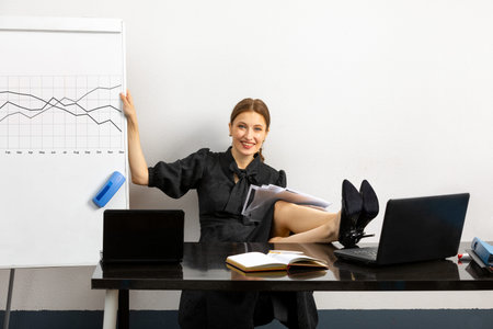 successful and joyful girl working in the office. the girl sitting at the table her feet on the...