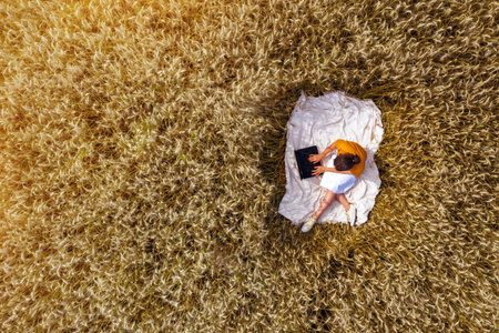 girl freelancer working on a laptop in the field in nature. top view. place for copy pasteの写真素材