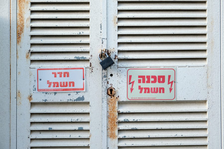 Close-up view of a metal utility door with electrical safety warning signs, featuring a lock and rust marks. Signs indicate high voltage and potential danger in Hebrewの写真素材