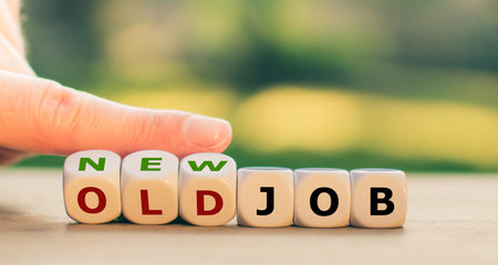 Hand turns dice and changes the expression old job to new job.