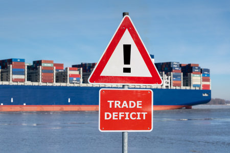 Warning sign with the text "Trade deficit" in front of a huge container ship.の写真素材