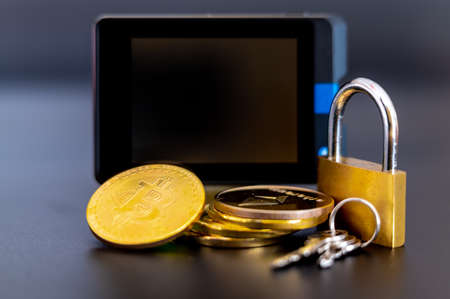 Symbol for Cryptocurrency security. A stack of Bitcoins in front of a lock and a digital wallet.の素材 [FY310165720845]