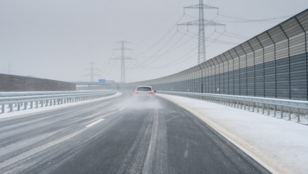 Car overtaking another car on an icy road (German Autobahn). Symbol for dangerous driving on a slippery road.の写真素材