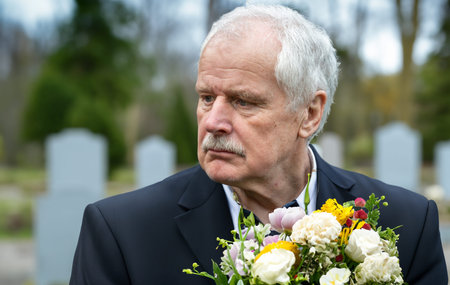 Sad old man with flowers mourning at the graveyard.